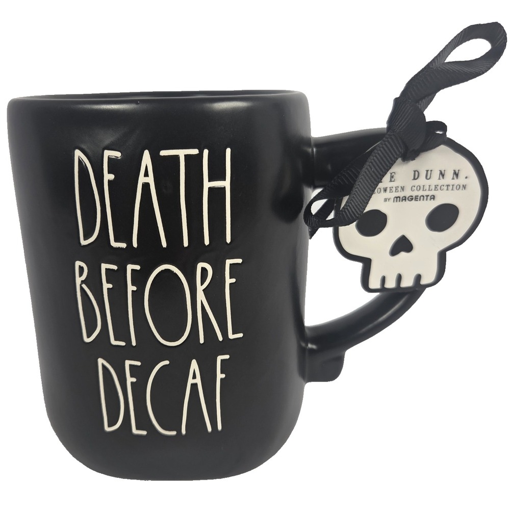 Rae Dunn Death Before Decaf Mug Black Halloween Skull Coffee Cup Magenta